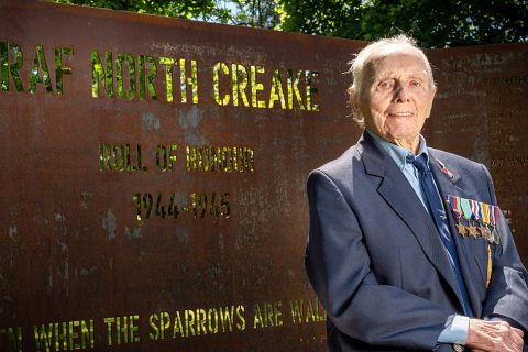 WW2 veteran Bernie How cuts ribbon at RAF North Creake Memorial
